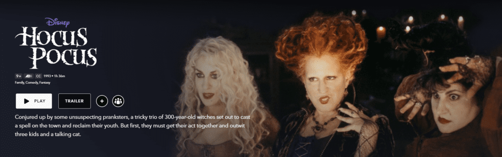 A screenshot of Hocus Pocus on Disney+