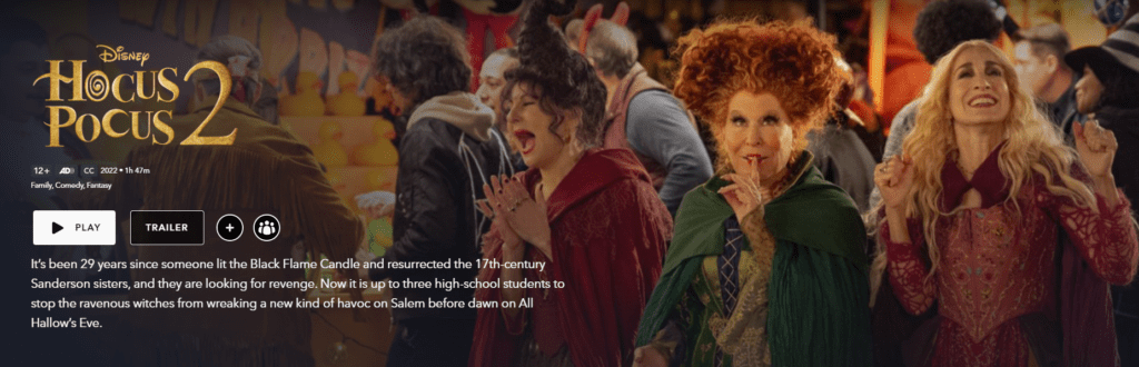 A screenshot of Hocus Pocus 2 on Disney+