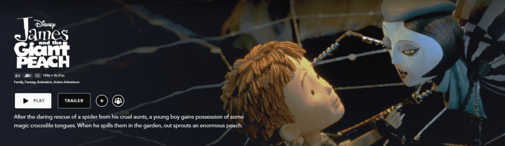 A screenshot of the movie James and the Giant Peach on Disney+
