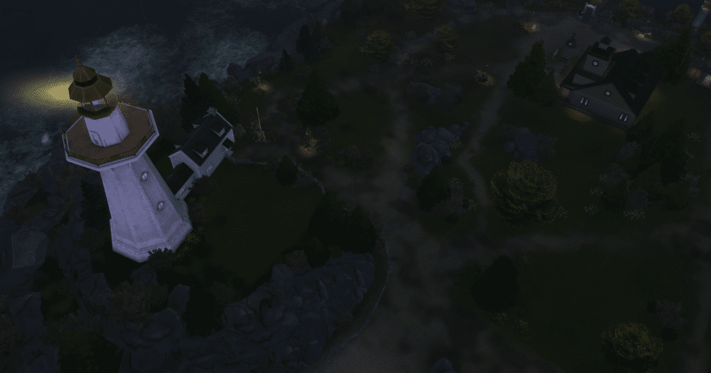 The museum and lighthouse lot at night on Deadgrass Isle