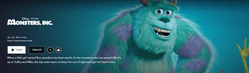 A screenshot of the movie Monsters Inc. on Disney+
