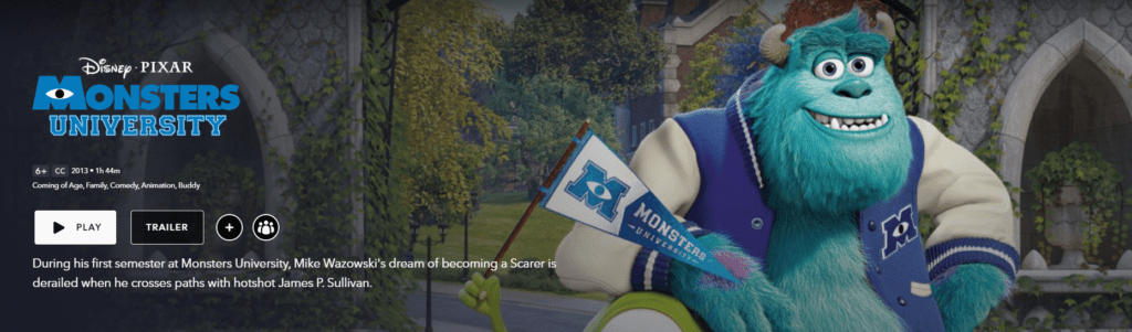 A screenshot of Monsters University on Disney+