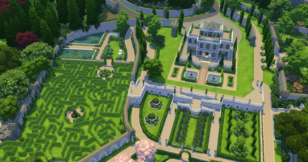 The impressive Von Haunt Estate chalet gardens in Windenburg that includes a large mansion and a huge garden maze.