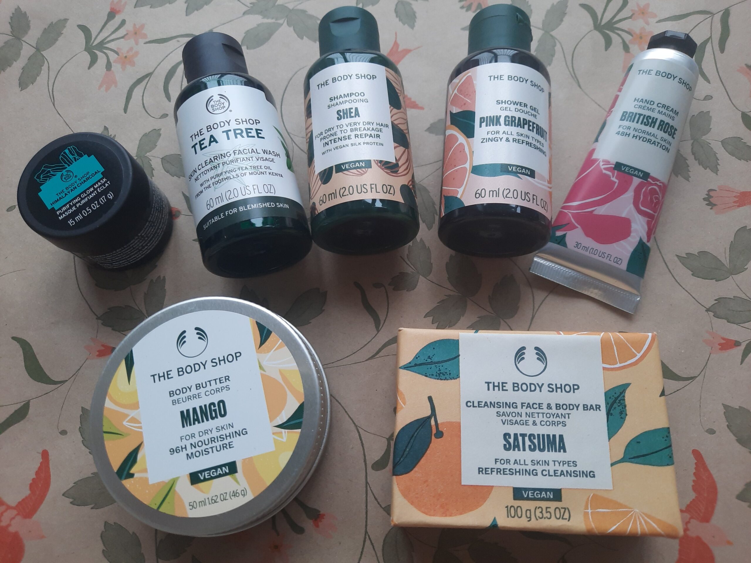 Some of the skincare and body care items from The Body Shop Box of Wishes Advent Calendar for Christmas 2022