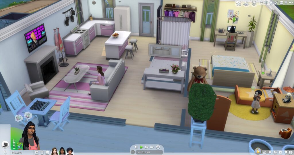 A screenshot of a base game house I built and family I made in The Sims 4
