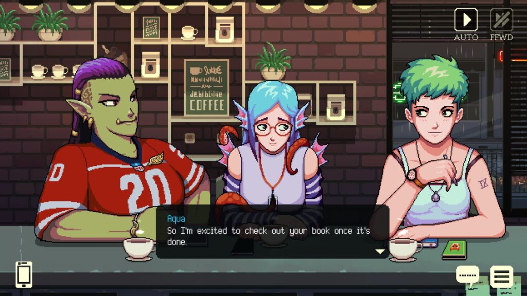 The next one of the cozy games under $15. A screenshot from Coffee Talk where an orc, oceanic woman, and human are having a conversation.