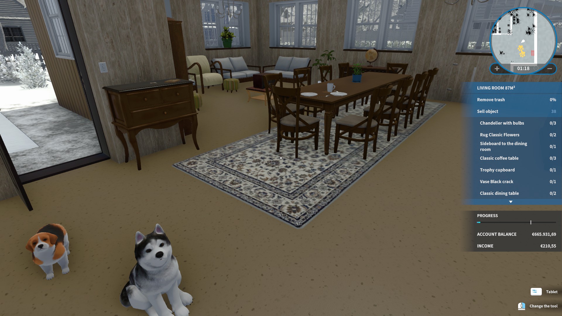 A screenshot from House Flipper where I am working on a renovation job and I brought my 2 dogs to work with me. 