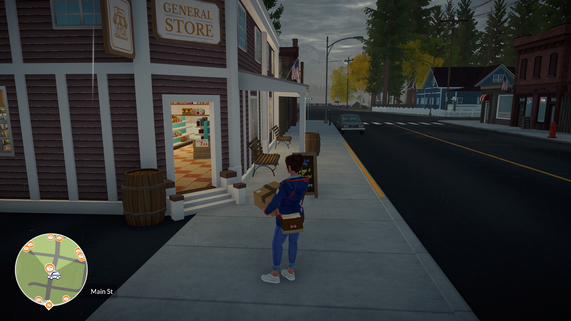 A screenshot of Meredith delivering a package to the General Store. It is a rainy morning and the sky is dark. 