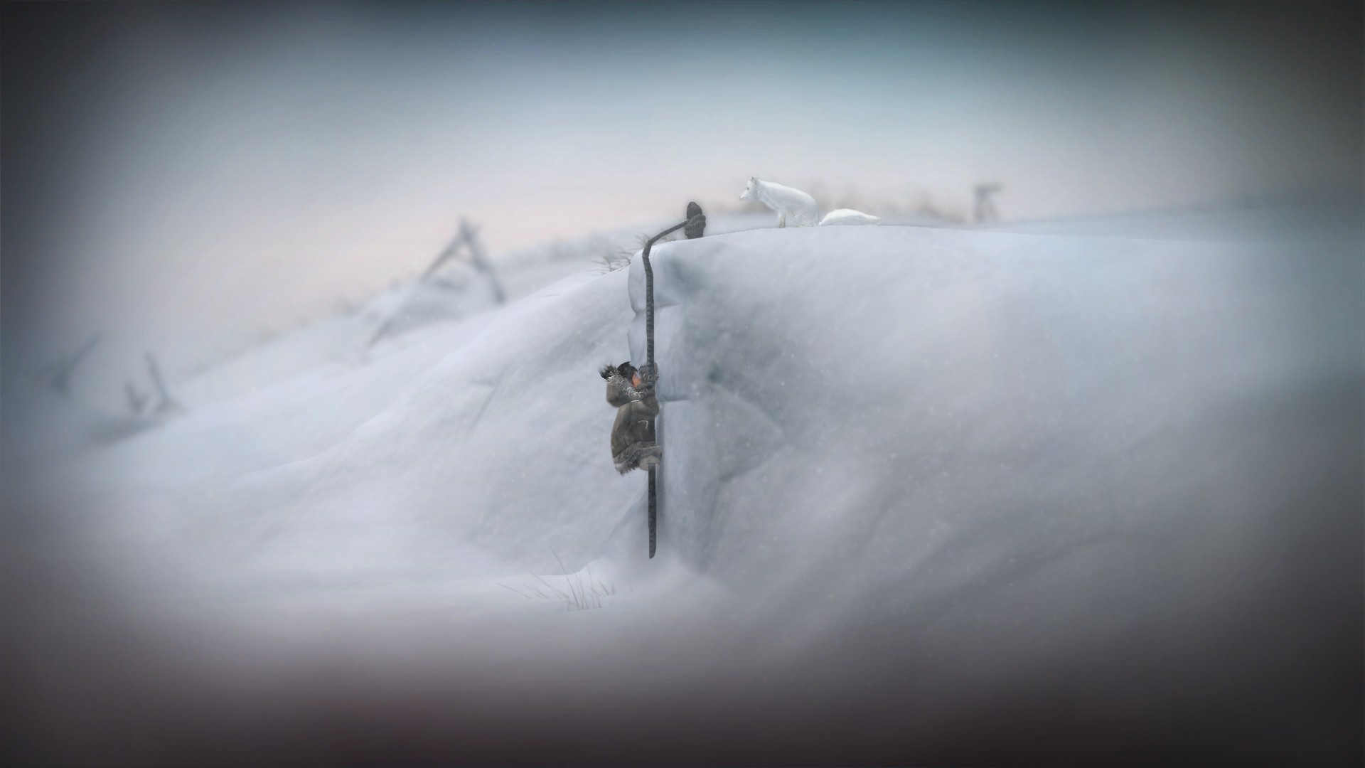 A screenshot from Never Alone. Fox climbed the ice wall and put the rope down so Nuna could climb up the wall 