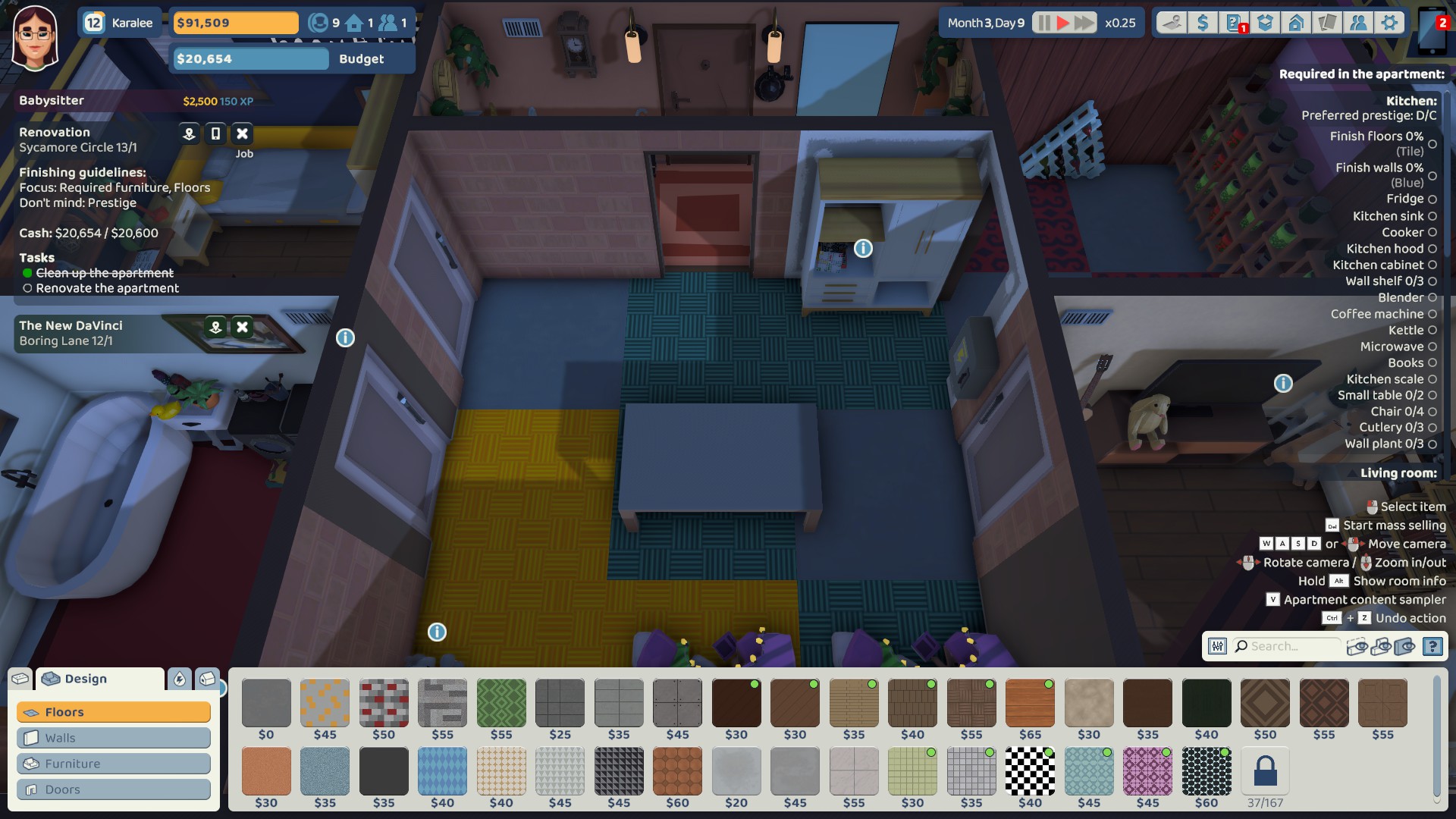 A screenshot of one of the freelance jobs in The Tenants where you have to decorate the kitchen and living room of the apartment. 