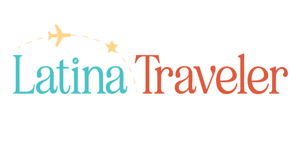 The first of March advertisers. The header for Latina Traveler. Latina is written in a blue font and Traveler is written in a red font. Above Latina, is an illustration of a yellow plane following a path.