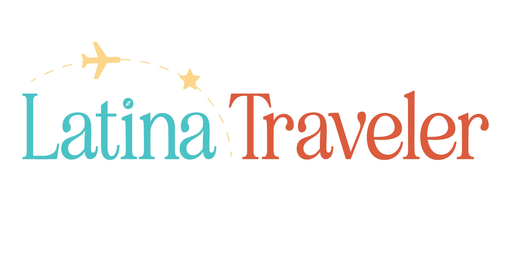 The header for Latina Traveler. Latina is written in a blue font while Traveler is written in a reddish orange font. Above Latina, is an illustrated yellow plane that is following a dotted path.