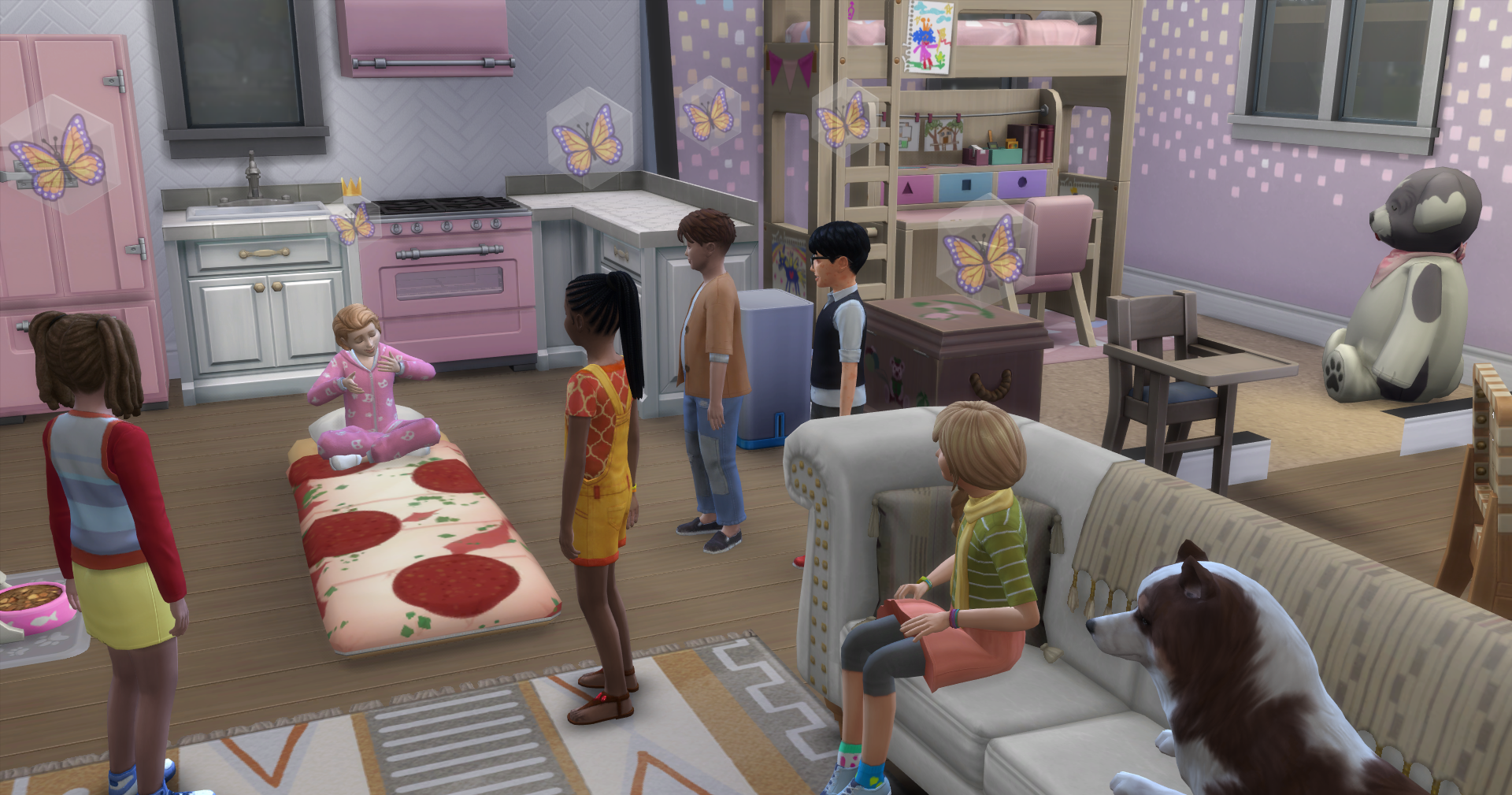 A child sim sitting on a sleeping bag and telling a story while the other children at the slumber party listen