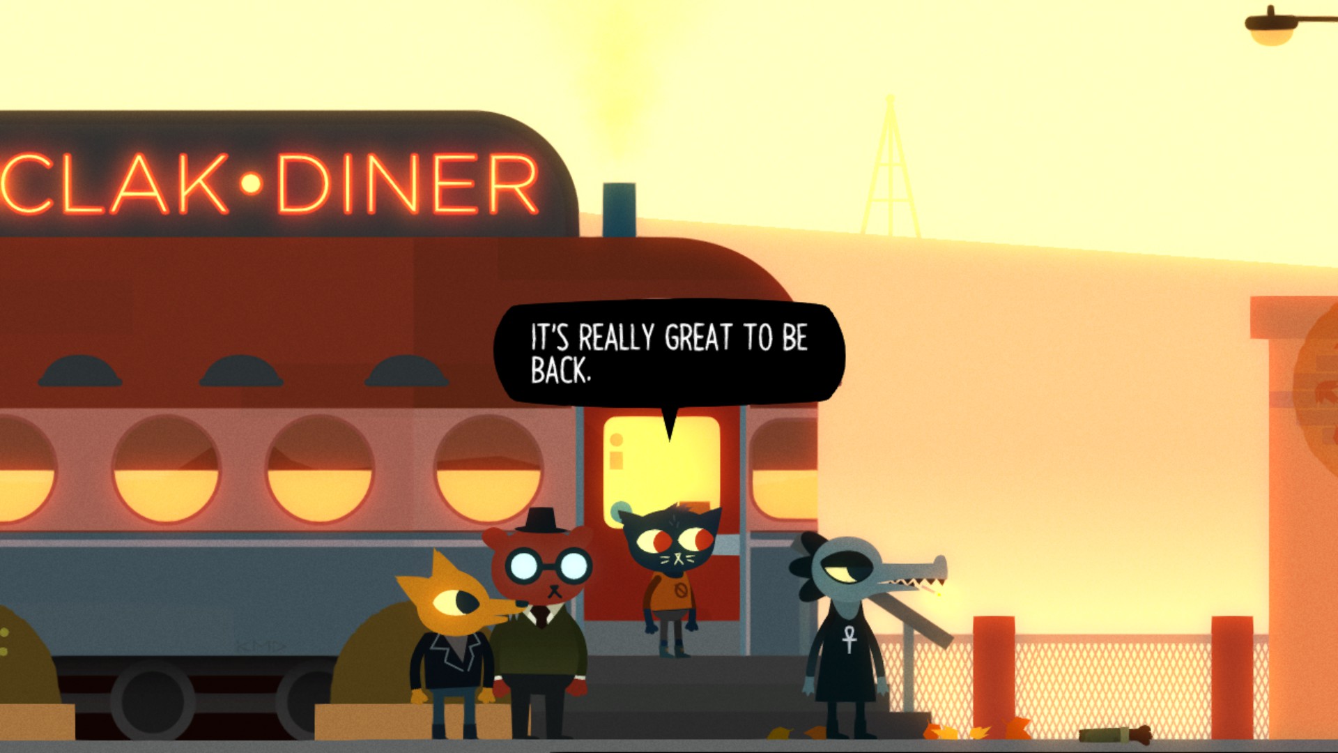 A screenshot from Night in the Woods. Mae is outside the dinner with her friends Gregg, Angus, and Bea, and Mae said it's really great to be back. 