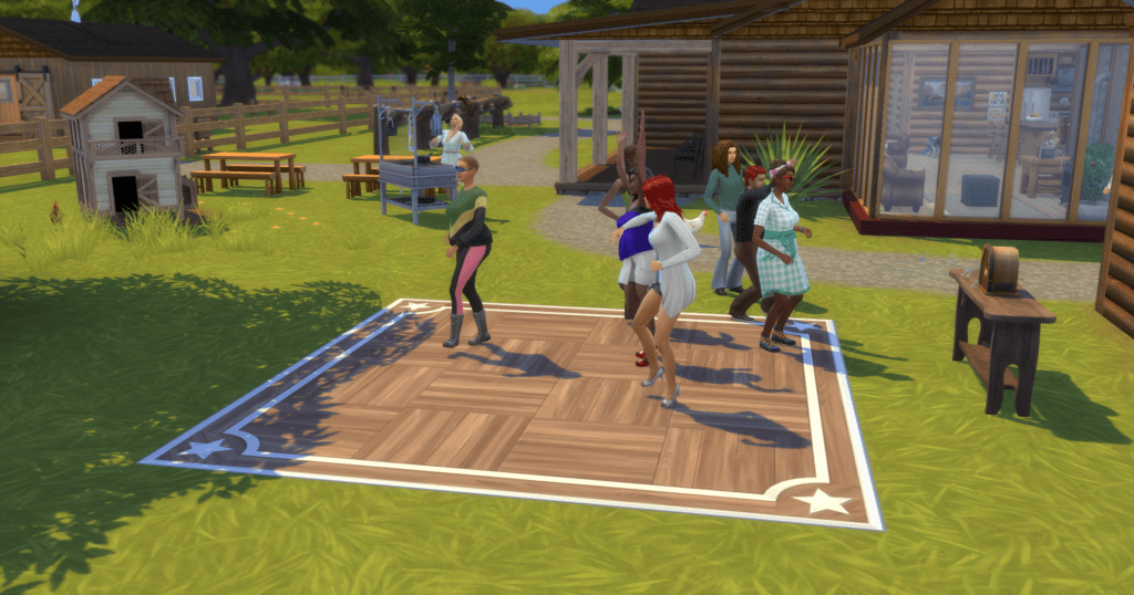 A group of 6 sims dancing on a dance floor during a ranch gathering event.
