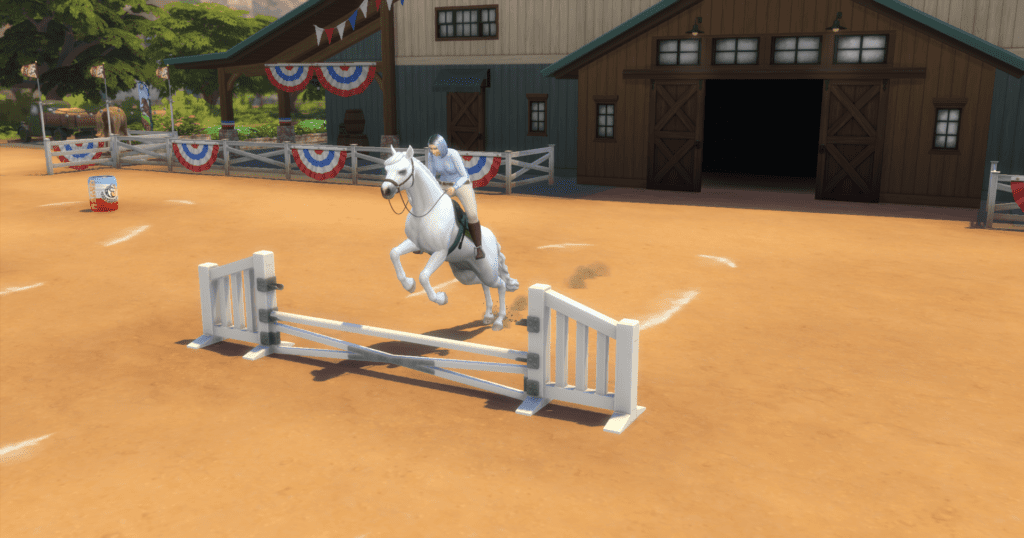 A sim riding a white horse and practicing jumping outside of the Hay Now! Equestrian Center
