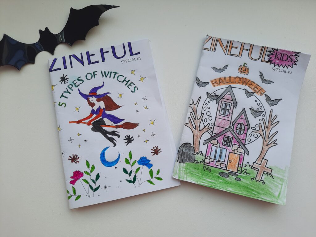 The Zineful and Zineful KIDS Halloween special editions that my daughter and I colored.