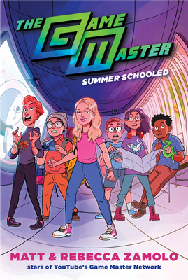 The cover of The Game Master: Summer Schooled by YouTubers Matt and Rebecca Zamolo. The cover shows an illustration of Becca, Matt, and their friends.