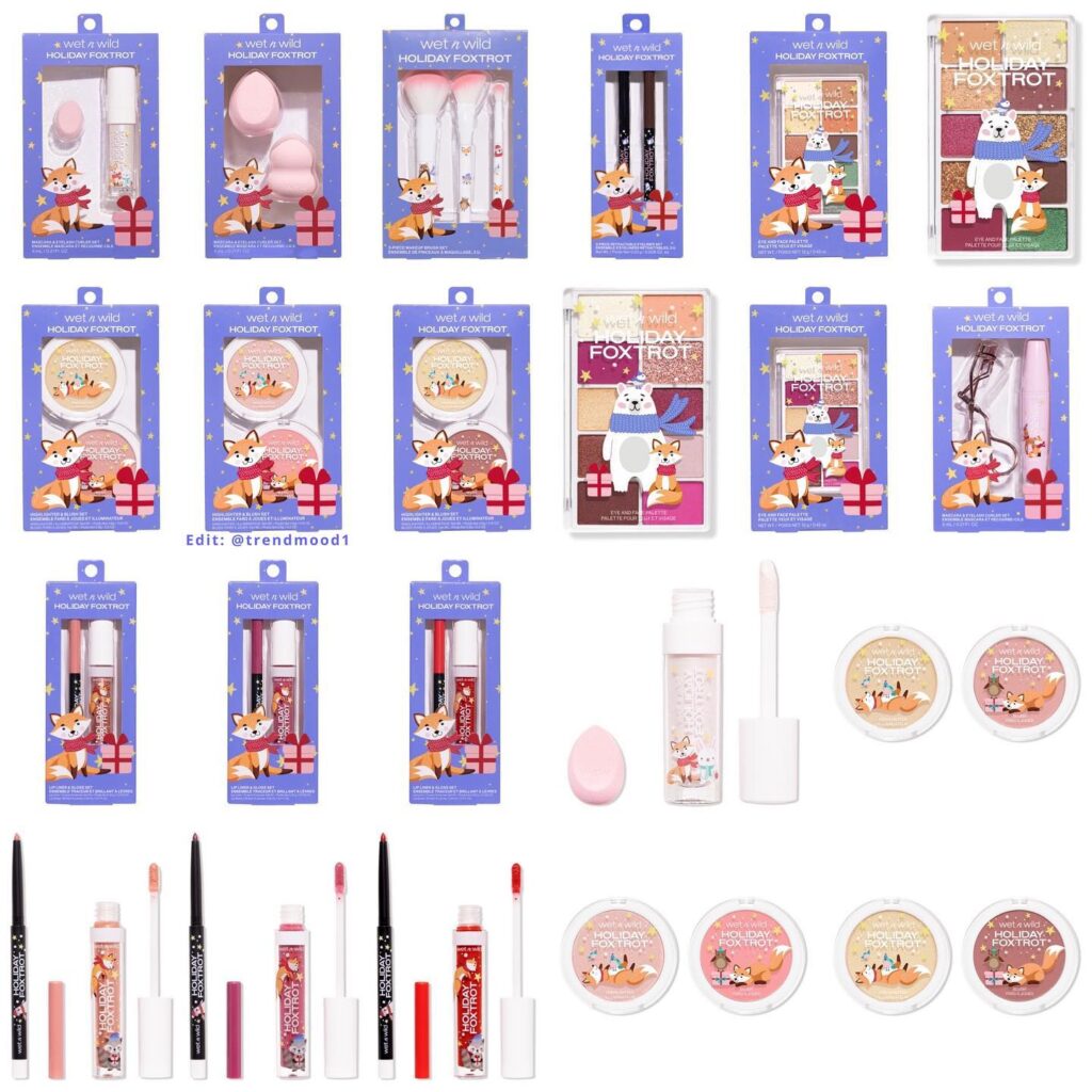 The Wet n Wild Holiday Foxtrot Collection, which includes eyeshadow palettes, blushes, highlighters, lip gloss and lip liner sets, and eyeliners. 