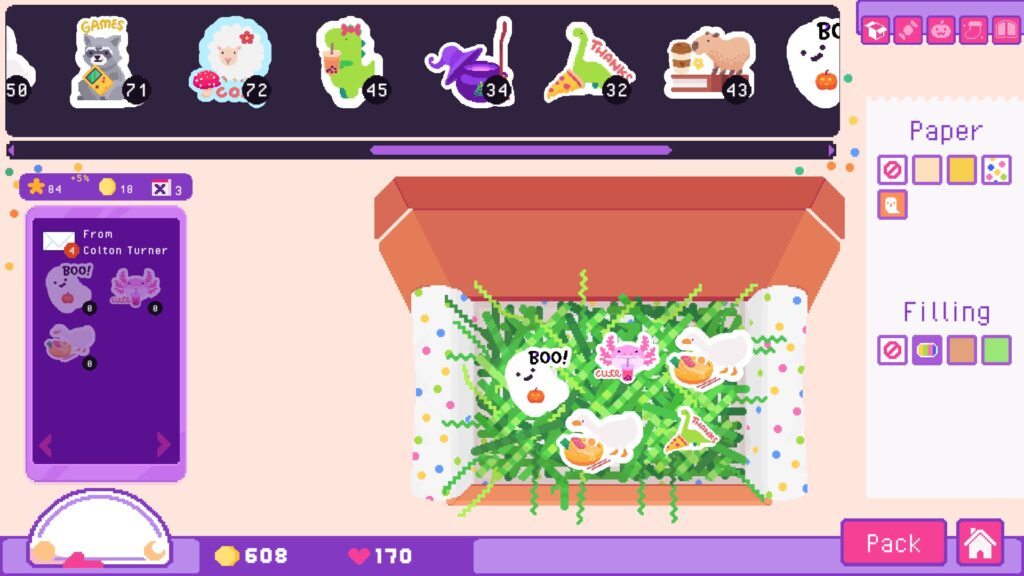 A screenshot from the cozy game Sticky Business where a sticker order is being packed.