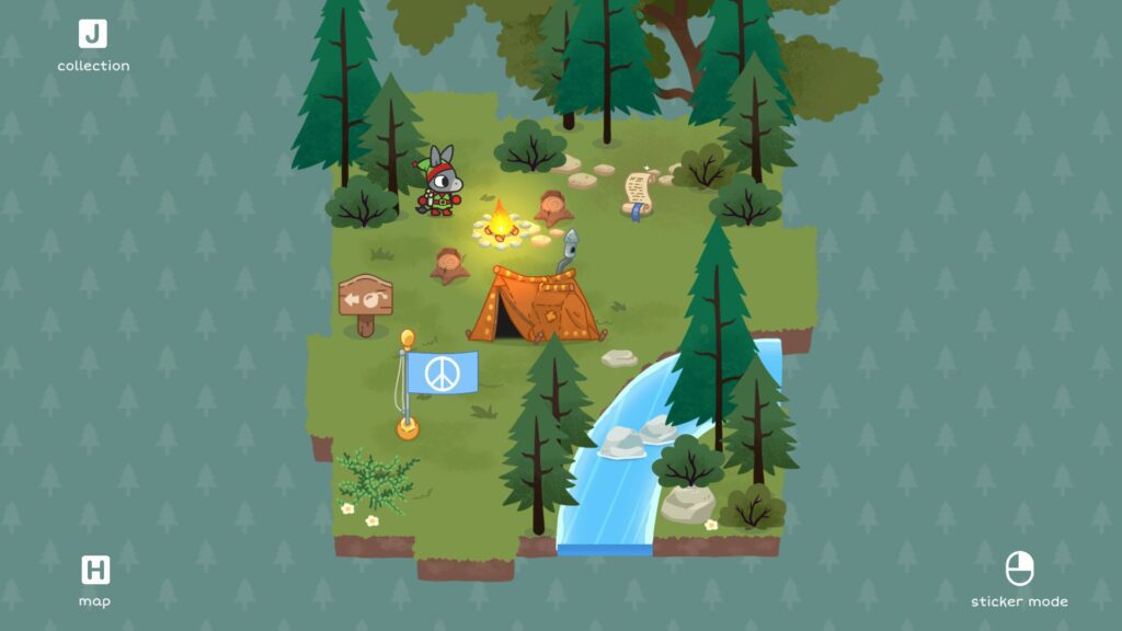 A screenshot from A Tiny Sticker Tale where Flynn is outside of his house.