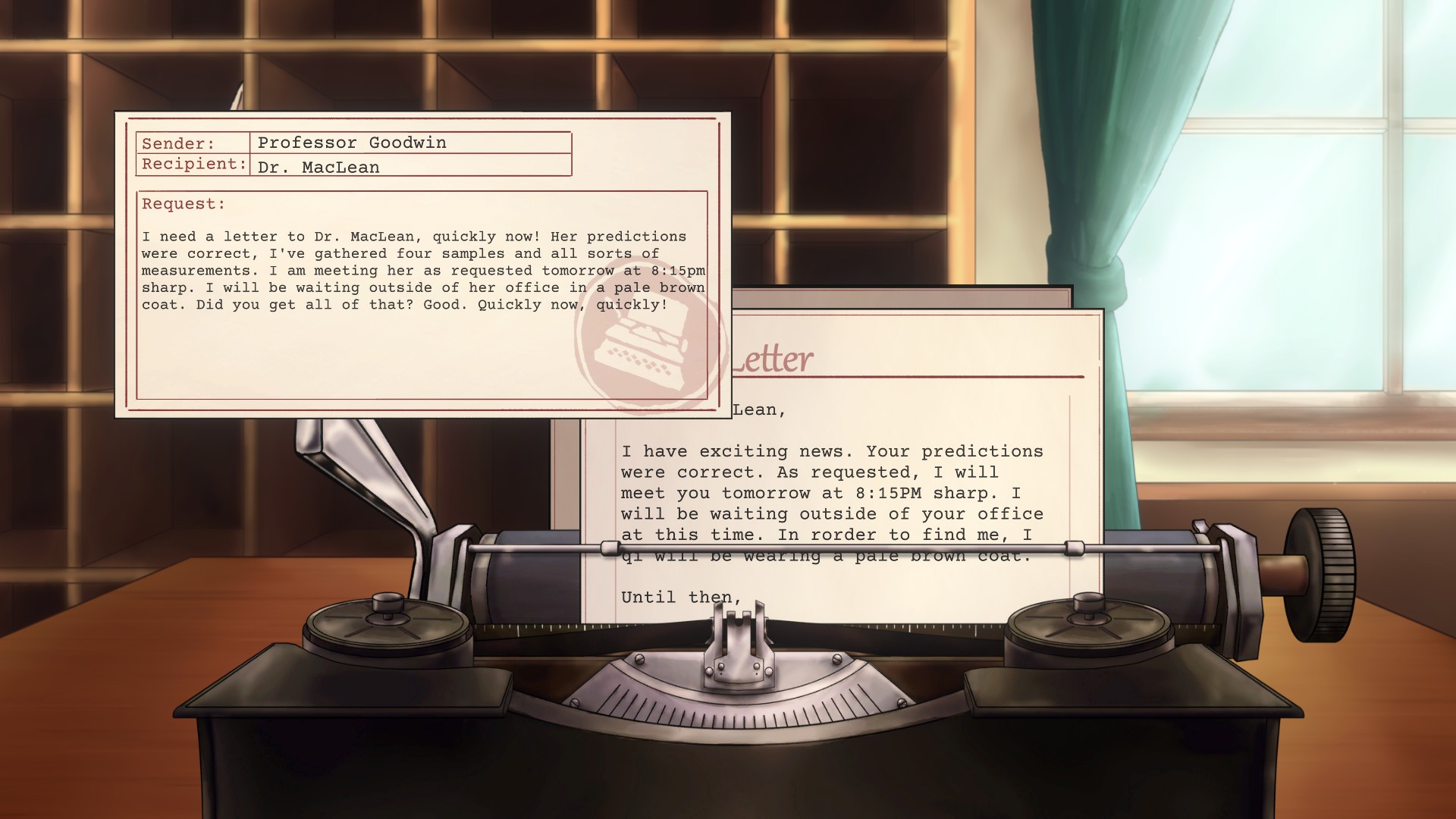The first of the cozy games under $15. A screenshot of Every Letter where I am typing a letter for a doctor to meet another doctor outside their office.