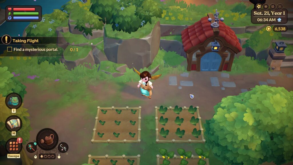 A screenshot of Fae Farm which is the third game on the list of cozy games and shows my character with fairy wings and standing in front of crops.