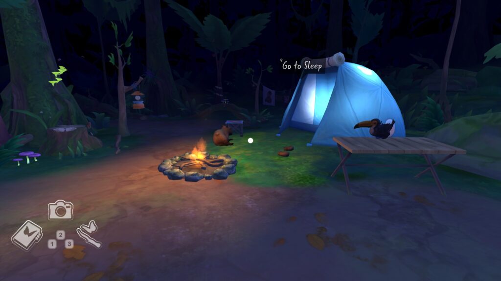 A screenshot of Flutter Away which shows the campsite at night and a capybara sitting near the tent.