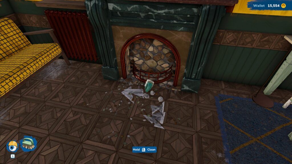 A screenshot from House Flipper 2 which shows the floor being cleaned from stains in the starter house.