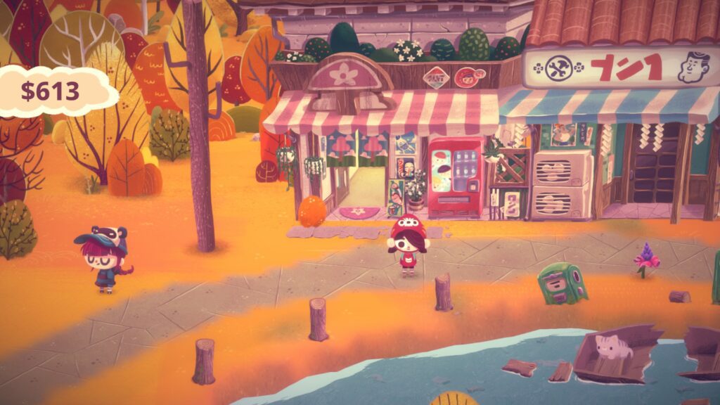 A screenshot of Mineko's Night Market which shows Mineko standing in front of the store in the village.