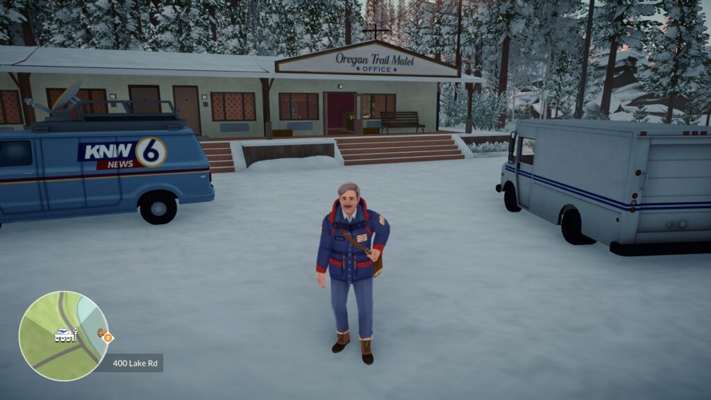 A screenshot from Lake: Season's Greetings which shows Thomas standing in front of the motel and near his mail truck.
