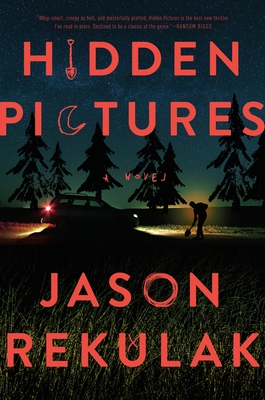The cover of Hidden Pictures by Jason Rekulak which shows a silhouette of a man digging a hole with a shove with a car parked to the side in the forest.