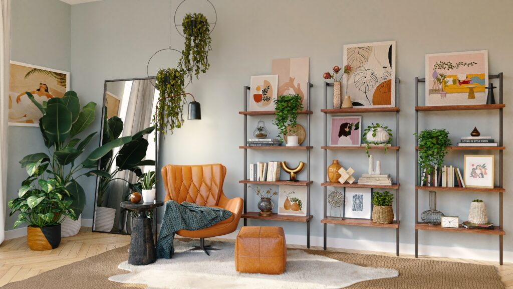 A room with high ceilings that uses hanging plants