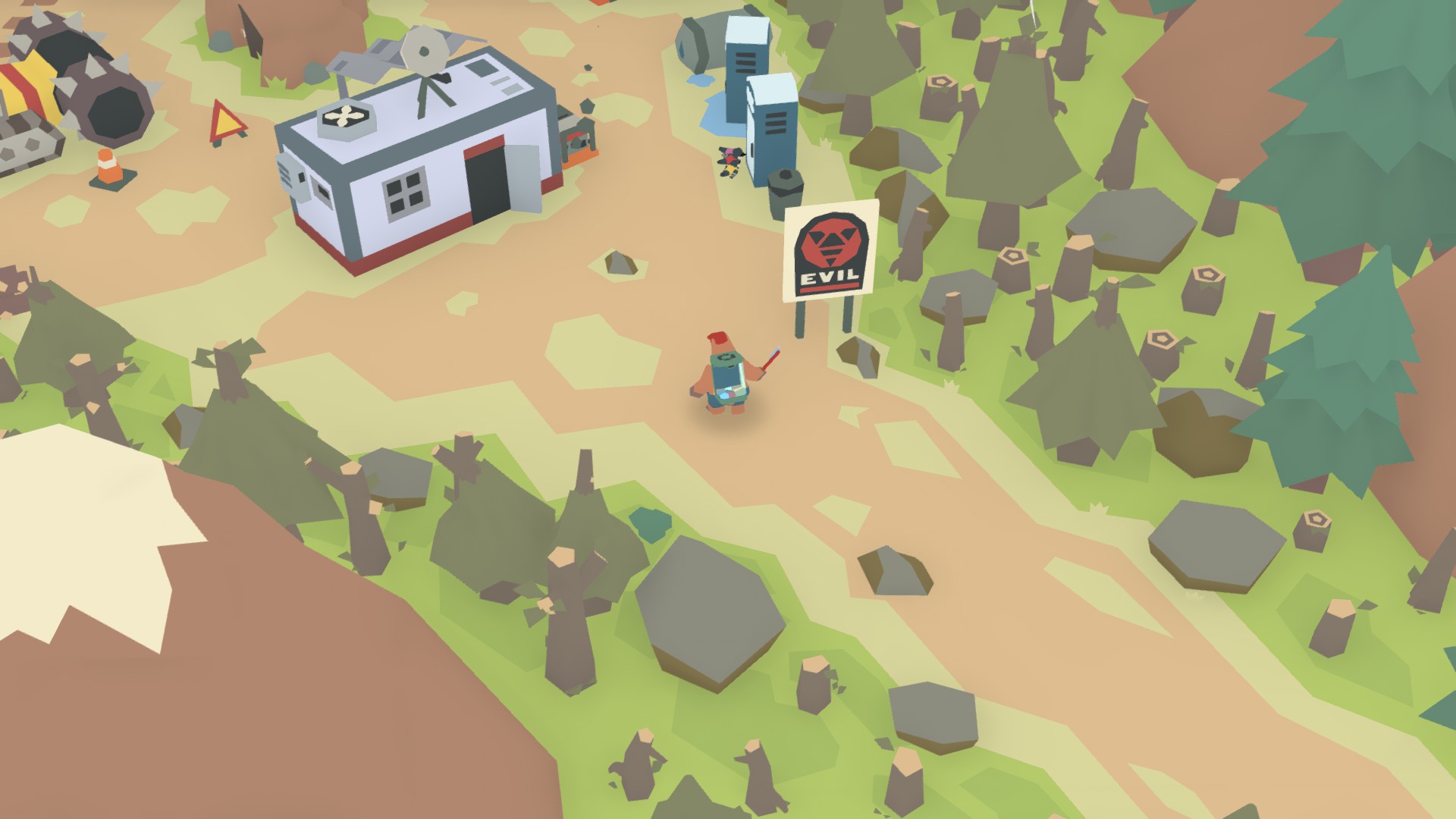 A screenshot from Lumbearjack where Jack is carrying his house and about to destory man-made items and buildings placed by Evil Corporatio.