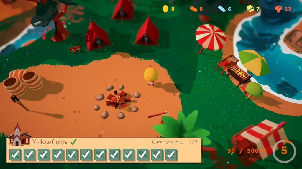 A screenshot from another one of the cozy games under $15 called Haven Park where Flint is at one of the campsites in Yellowfields where all the required items have been placed.