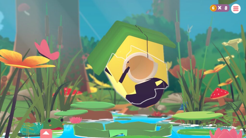 A puzzle in The Shape Things where I am moving the pieces to make a yellow bird house.
