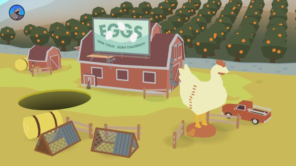 A screenshot from a unique cozy game Donut County where a giant hole is destroying a chicken farm.