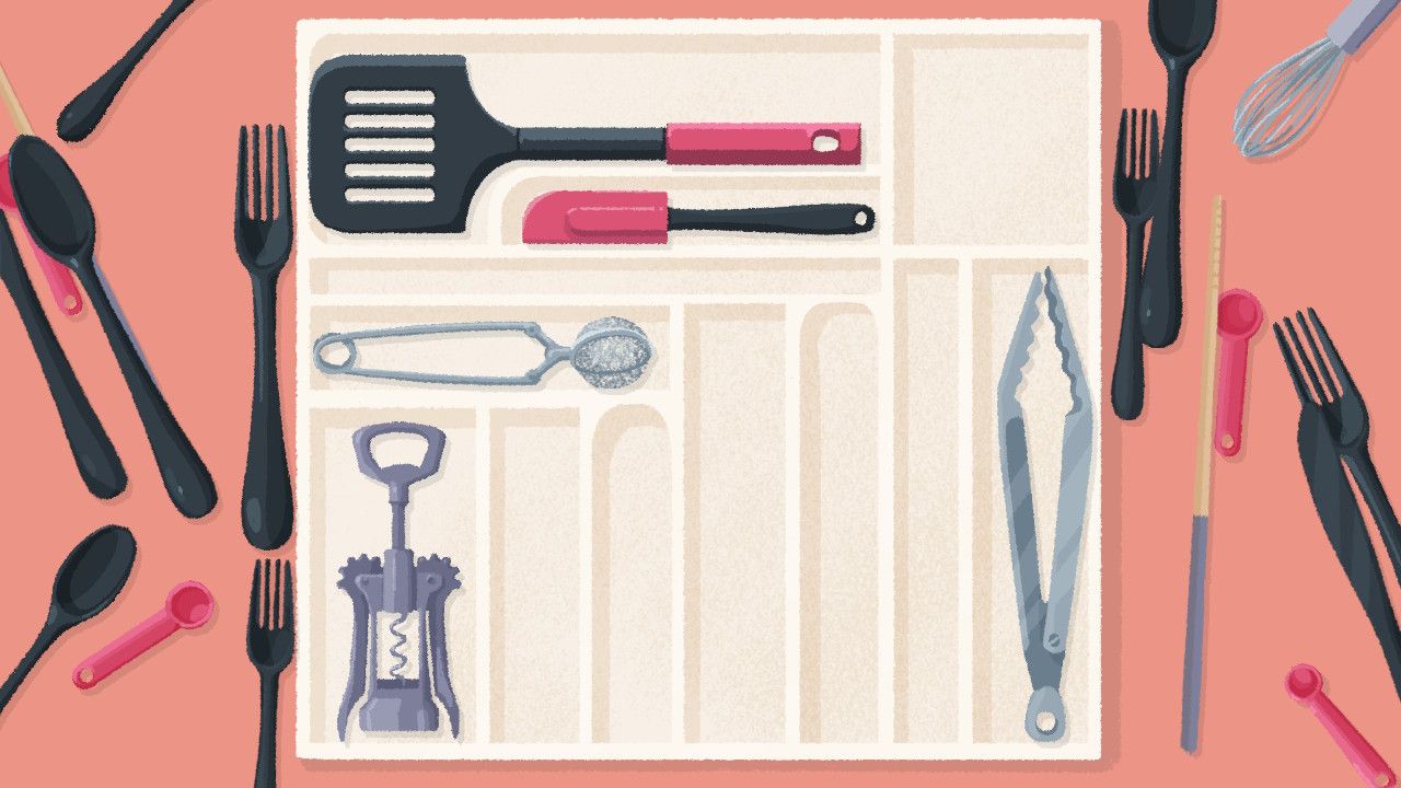 A screenshot from the cozy game A Little to the Left where utensils are being organized in a drawer organizer.