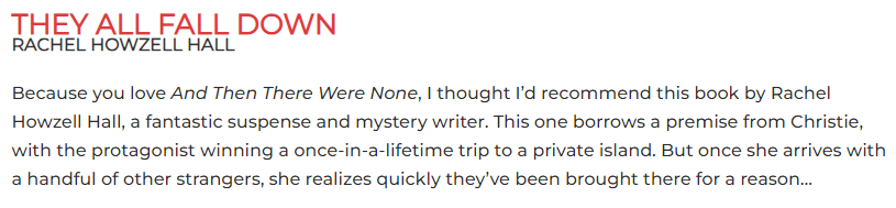 The recommendation from the TBR book expert for They All Fall Down