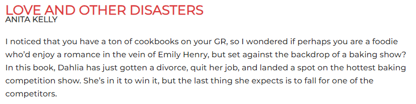 The recommendation from the TBR book expert for Love & Other Disasters