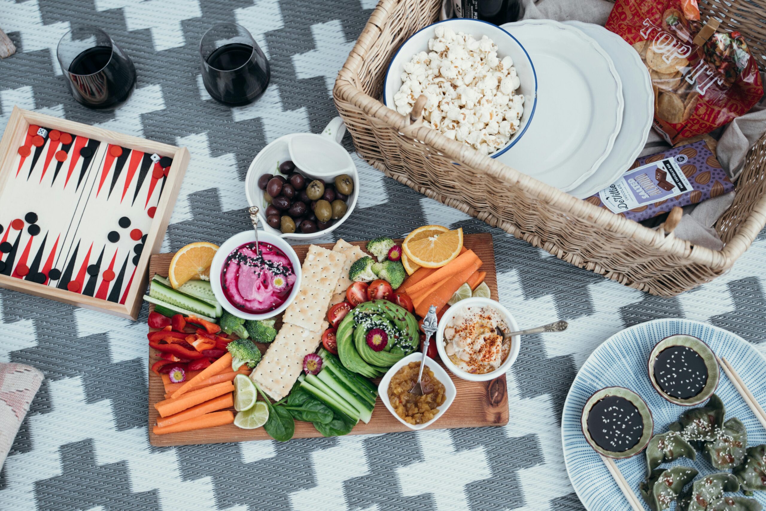 A picnic laid out with various dishes