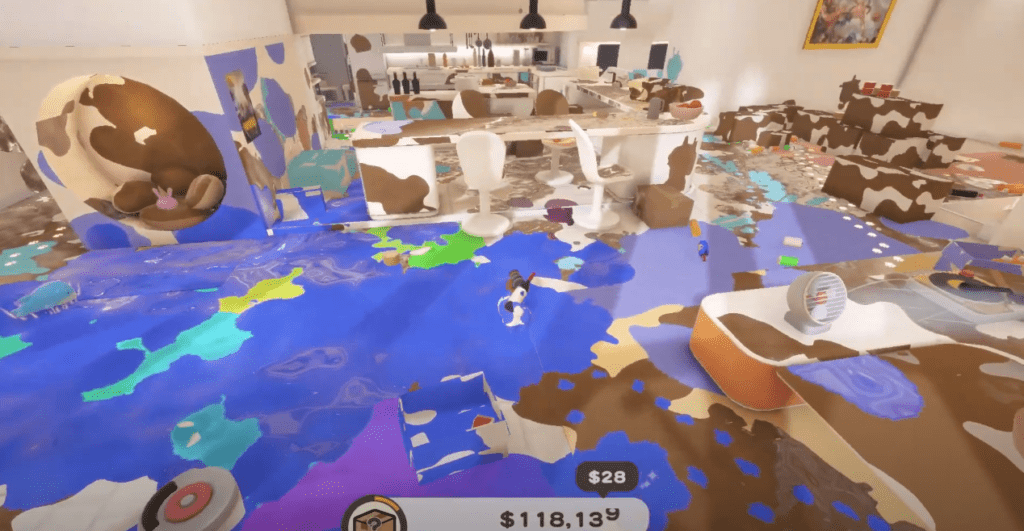 A screenshot from Doronko Wanko and the mess the Pomeranian made in the living room and kitchen. Doronko Wanko is the best cozy game I played so far in 2024.