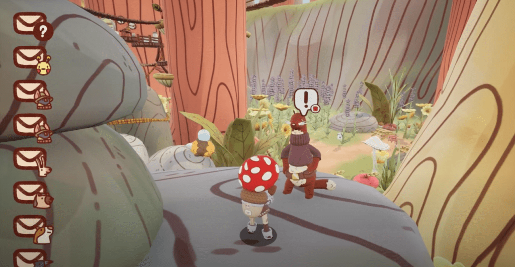 A screenshot of Mail Time with the character standing in front of one of the animals.