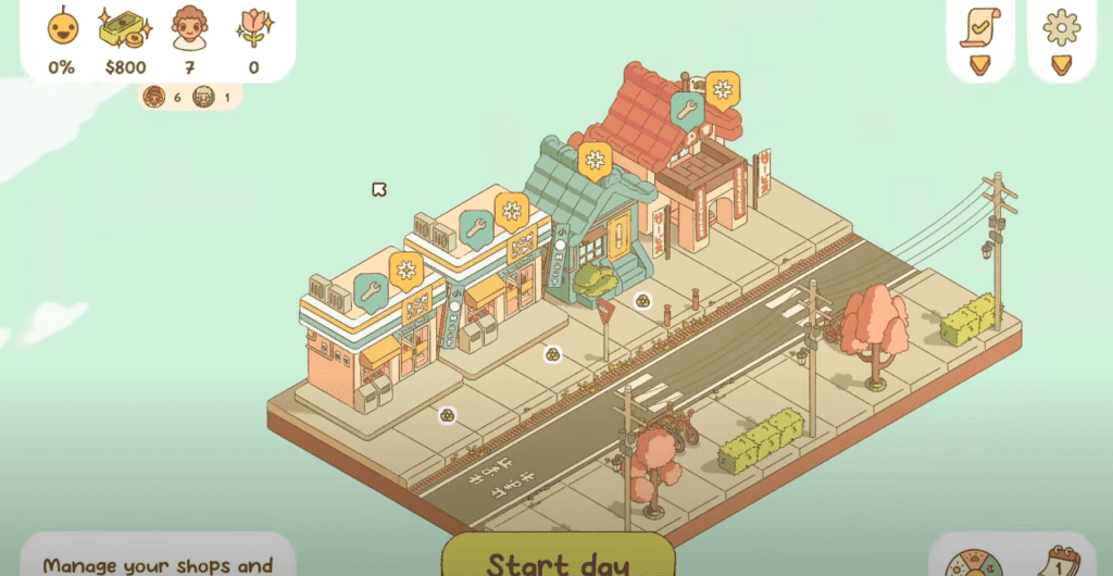 A screenshot from Minami Lane showing a street with shops.