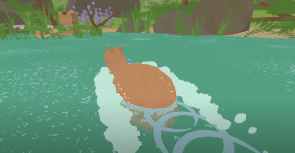 A screenshot of Smushi Come Home with Smushi the mushroom riding on the back of a capybara.
