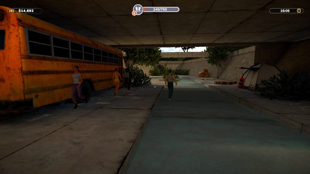 A screenshot of the first neighborhood in Real Estate Simulator with a school bus and tent. Real Estate Simulator is the worst cozy game I played so far in 2024.