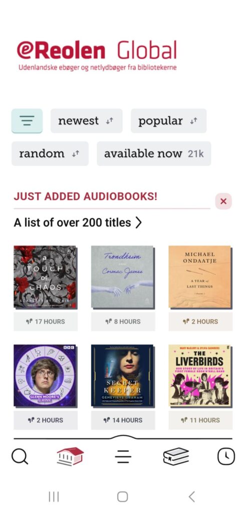 A screenshot of the Libby app showing the homepage and the newest, popular, random, and available now options.