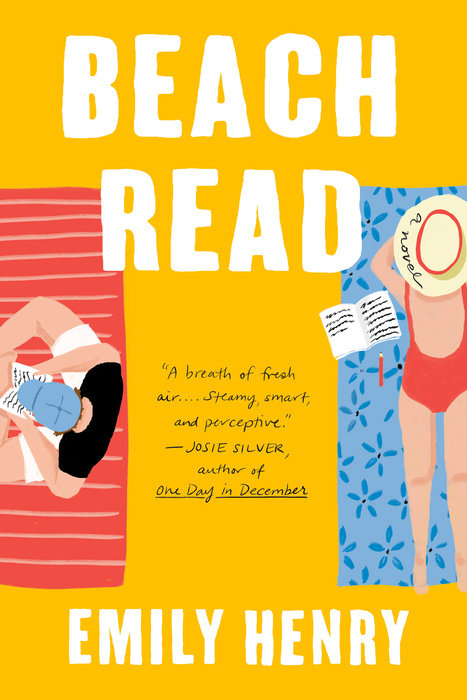 The cover of Beach Read by Emily Henry with an illustration of January and Gus on beach towels and writing in notebooks