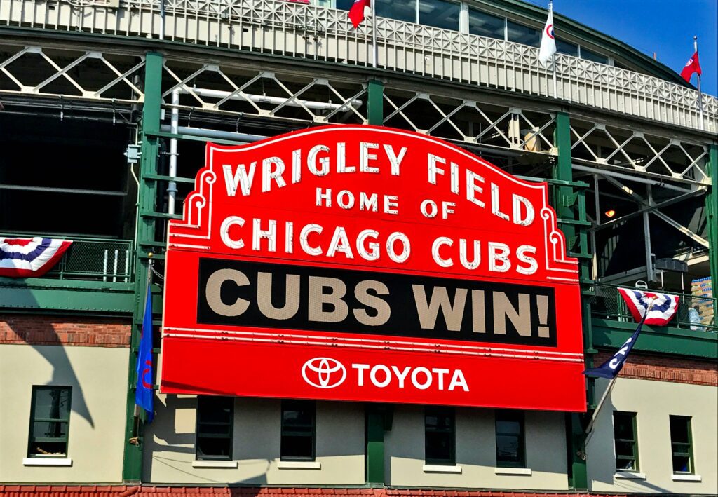 A closeup of the Wrigley Field stadium sign 
