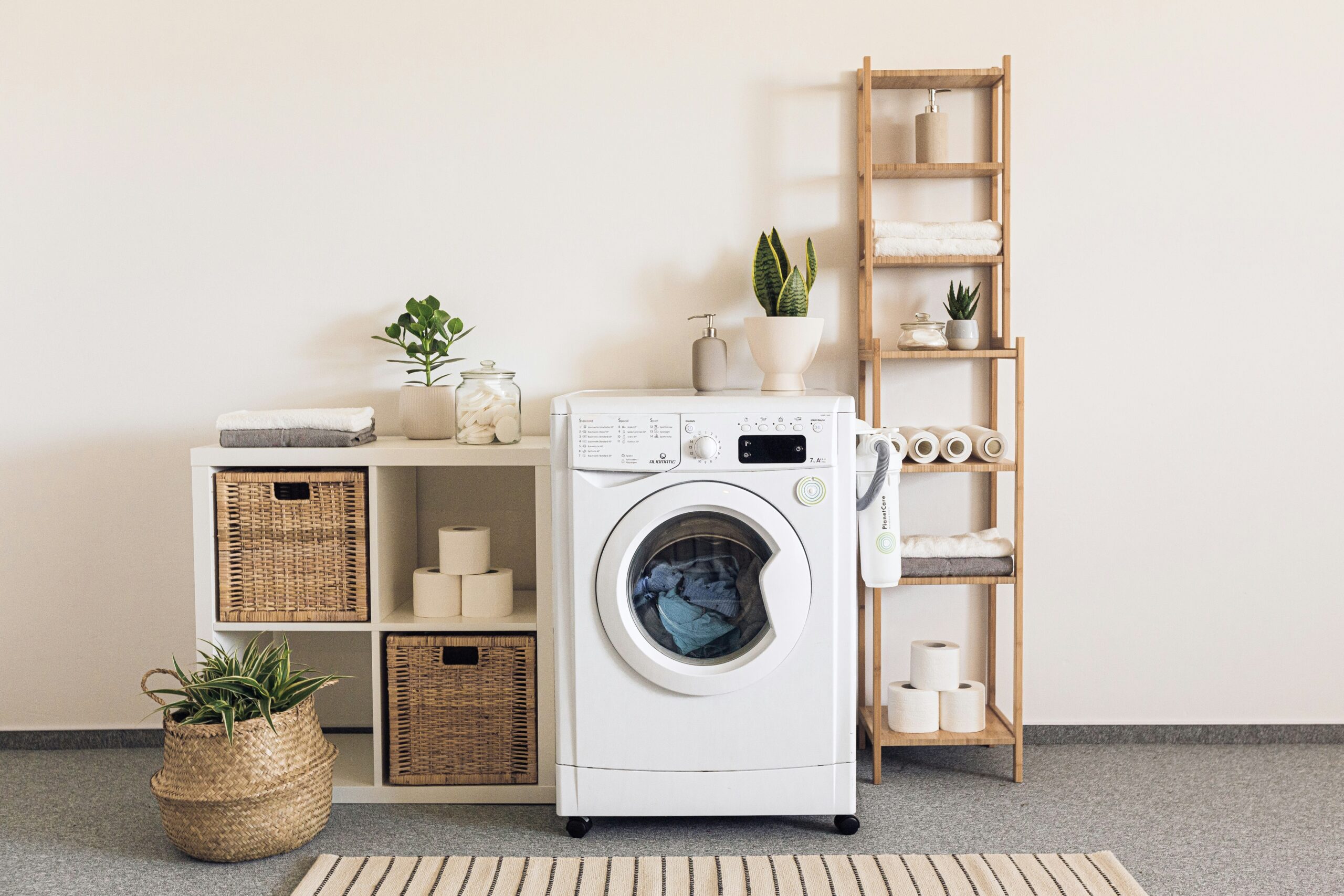 A dryer that is filled with clothes and next to shelves